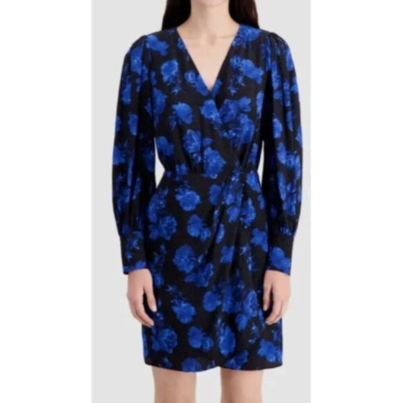 NWT Designer The Kooples Silk Dress // Blue and Black Floral // Size 3, Large - Picture 2 of 10